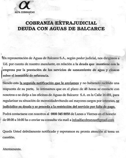 Cuestionamiento y respuesta sobre  cobranza "extrajudicial" de Aguas de Balcarce