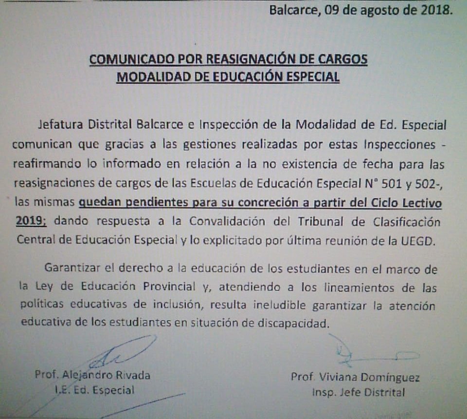 Se postergaron las reasignaciones  de cargos en Educación Especial
