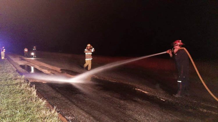 Un acoplado perdió gran parte de su carga  de cereal en la ruta 55 