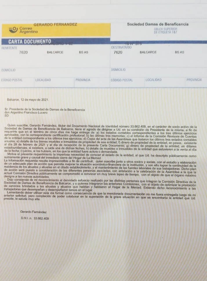 Gerardo Fernández  intimó al asilo por carta documento