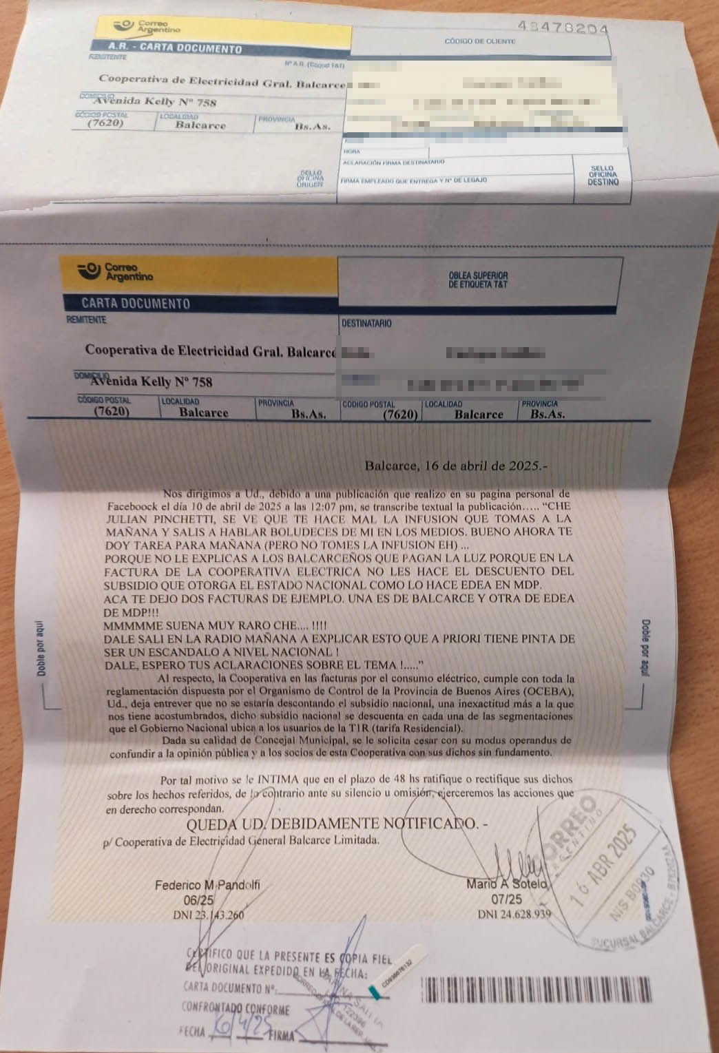 La Cooperativa de Electricidad intimó al concejal Guillén por sus dichos en redes sociales